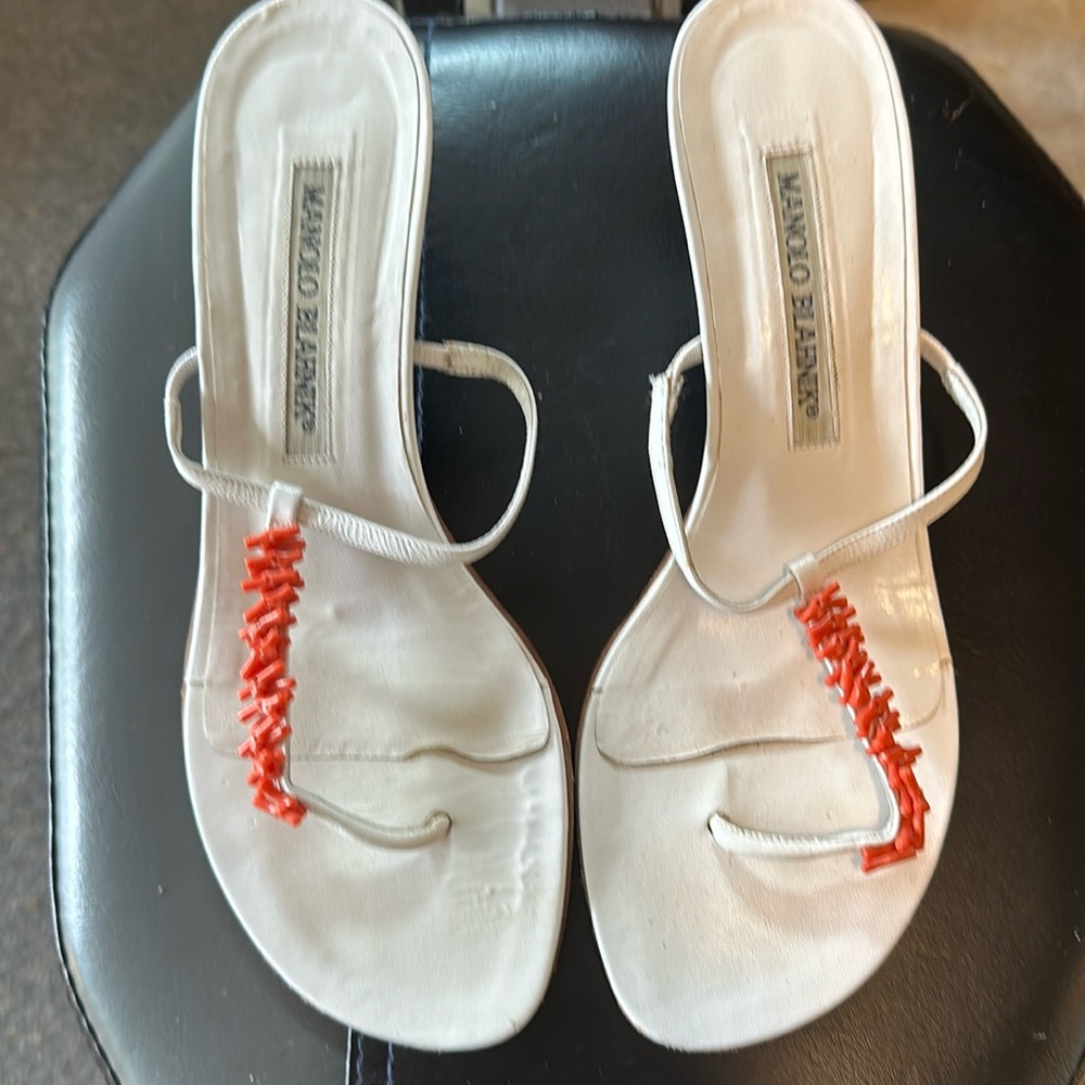 Manolo Blahnik white heeled sandals.